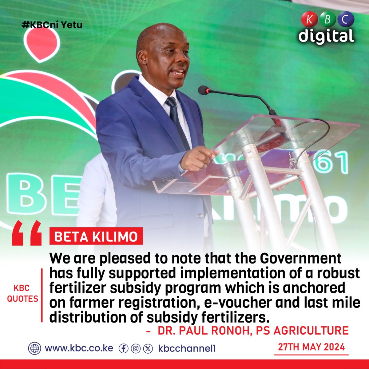 We are pleased to note that the Government has fully supported implementation of a robust fertilizer subsidy program which is anchored on farmer registration, e-voucher and last mile distribution of subsidy fertilizers. - PS, Agriculture Dr. Paul Ronoh #BETAKilimo