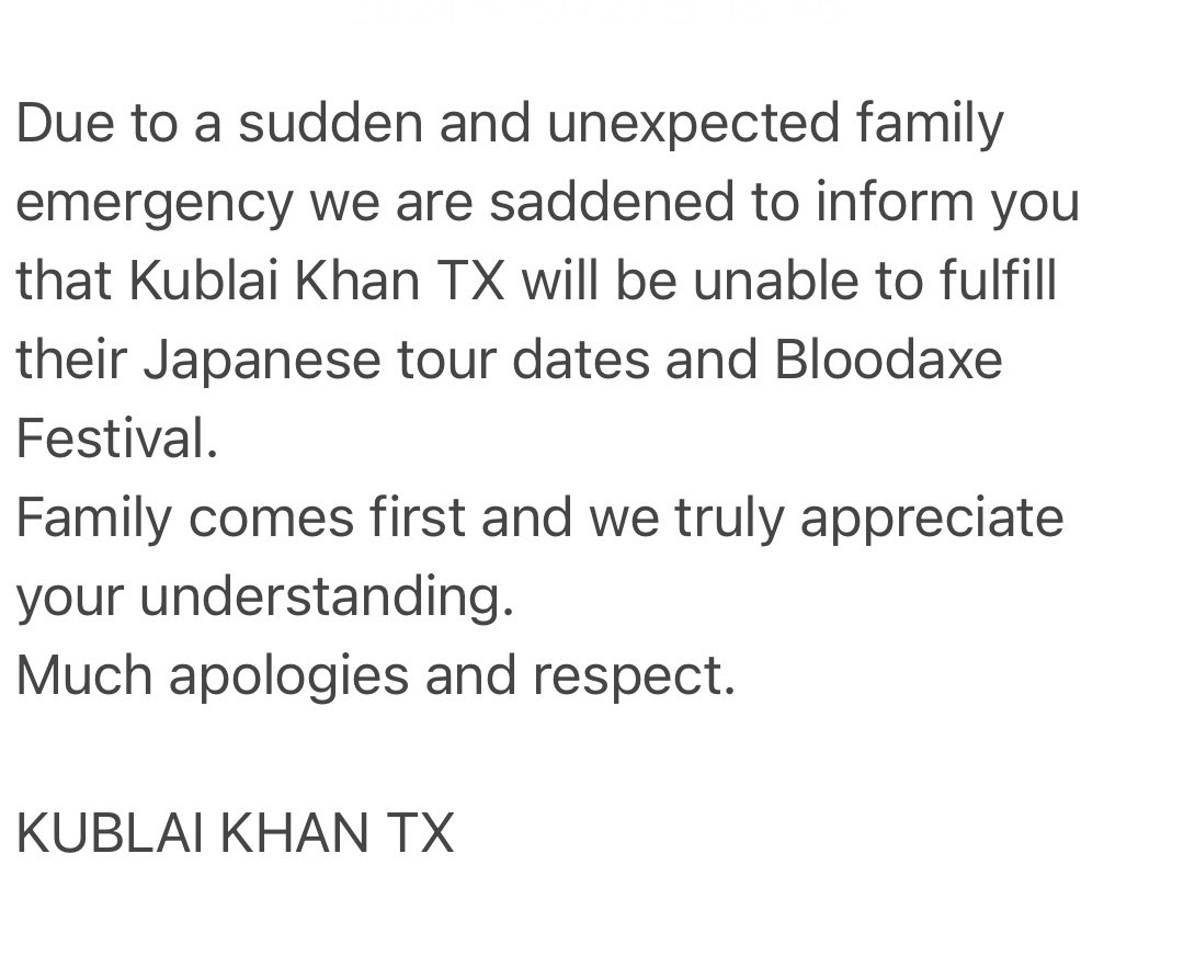 BloodaxeFest's tweet photo. 来日予定だったKUBLAI KHAN TXはバンド側都合(入院していたメンバーの家族が危険な状態に入ってしまい、アメリカを離れられない状況になってしまったためとのこと)により、来日公演中止となりました。
楽しみにしていた皆様や関係者にお詫び申し上げます。

■5/30(木) 大阪 @ CLAPPER ■5/31(金) 名古屋 @ RAD SEVEN
■6/2(日) 東京/新宿 @ ANTIKNOCK こちら単独3公演についてはPROMPTSヘッドラインツアーでチケット値段と時間を変更してそのまま開催し、払い戻し対応もさせてもらいますのでチケットを保管頂き詳細お待ちください。
また、現在既にチケットをお持ちの方はそのまま使用可能で、入場時に差額を返金対応させてもらいますので引き続きよろしくお願いします。