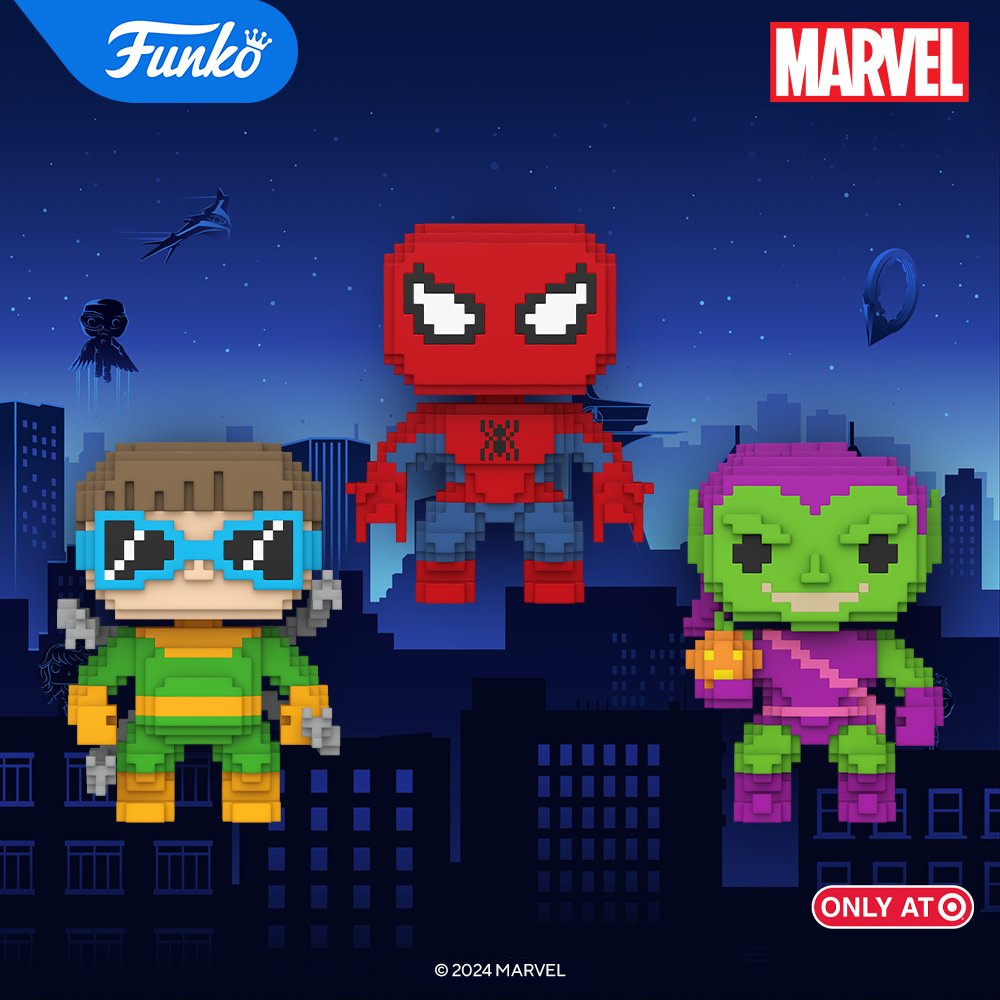 Jump into action with a Target Marvel Selects Pop! Comic Cover of Daredevil in black & white or the newest 8-bit Pop! Spider-Man, Pop! Green Goblin & Pop! Doc Ock. Which ones will form a part of your collection? bit.ly/3QgQQ1k #Target #MarvelSelects #FunkoPop