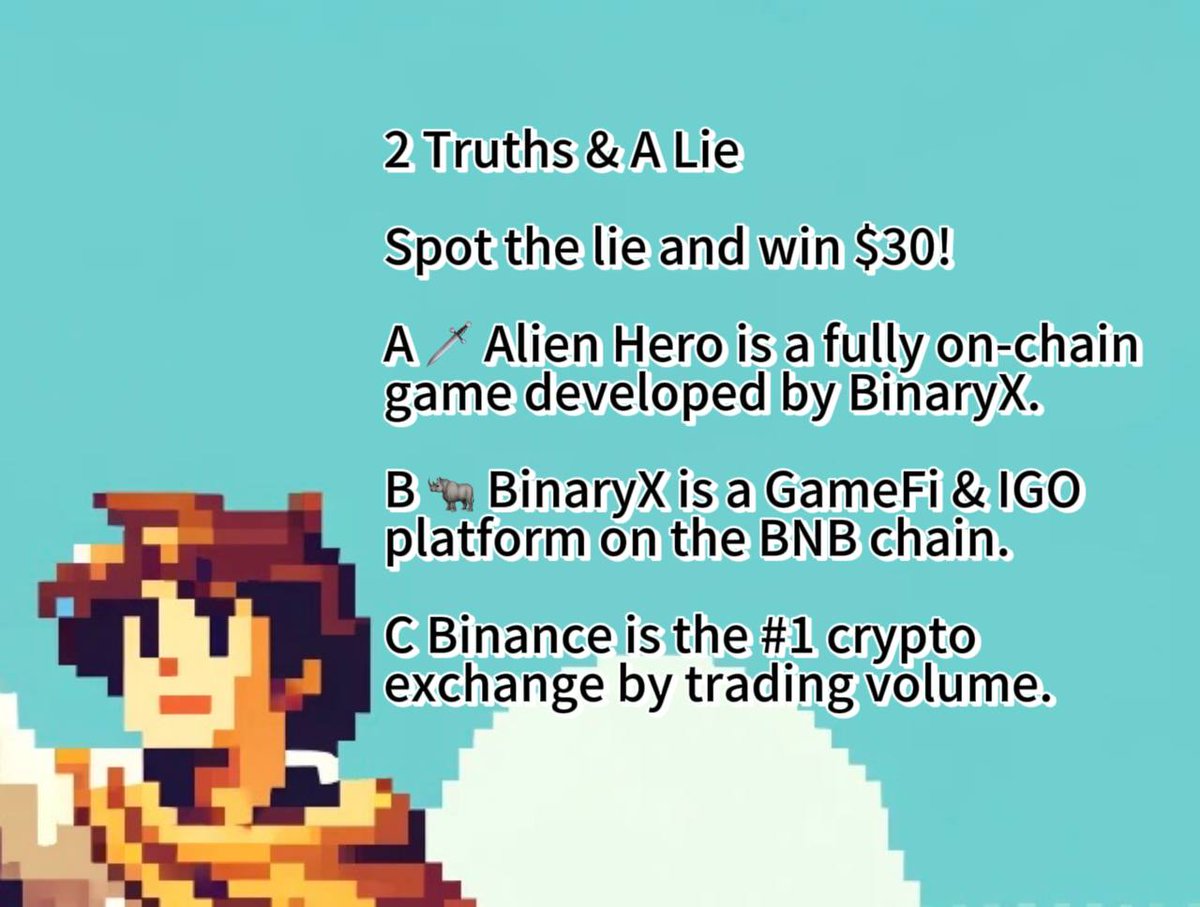 👋Win 3️⃣0️⃣ USDT with BinaryX Quiz!!

To enter:

1️⃣ FL &amp; RT <a href="/binary_x/">Four (Formerly BinaryX)</a>
2️⃣ Reply👇&amp; Tag 3 friends👥

🤥 Spot the lie now, $30 each for five winners!!!

#giveaway #AiHero #BinaryX #quiz