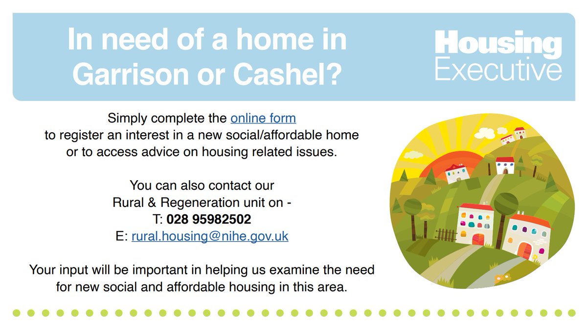 Time is running out to register your interest in a #social or #affordable home in #Garrison or #Cashel in Co. Fermanagh . Our Rural Housing Needs Test finishes on Friday 31st May, 2024. For more information, click here: orlo.uk/ddCxN