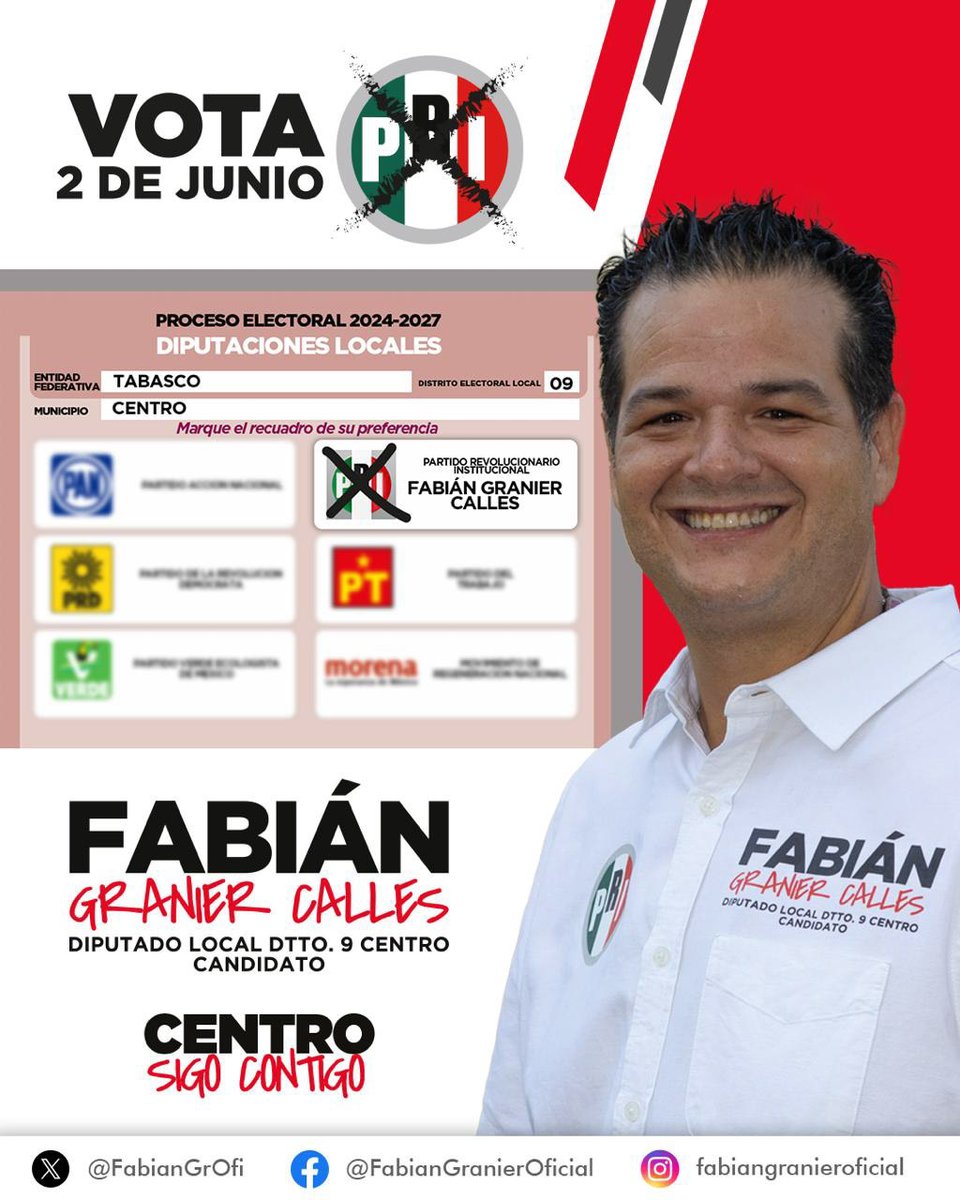 El 2 de junio apóyame con tu voto porque PRImero eres tú y Yo, Fabián Granier, #SigoContigo.