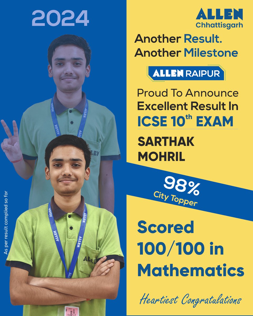 ALLENChatisgarh's tweet photo. 🎉 Congratulations to all the students of Class 10th ICSE Board for your remarkable achievements in ALLEN Raipur! 🎓🌟

📍 SARTHAK MOHRIL- 98% (City Topper) scored 💯/💯 in Maths.

🎉 Heartiest congratulations!!

#ALLENChhattisgarh #BoardResult #ICSE #ALLENRaipur #CityTopper https://t.co/xzoTzckvVc