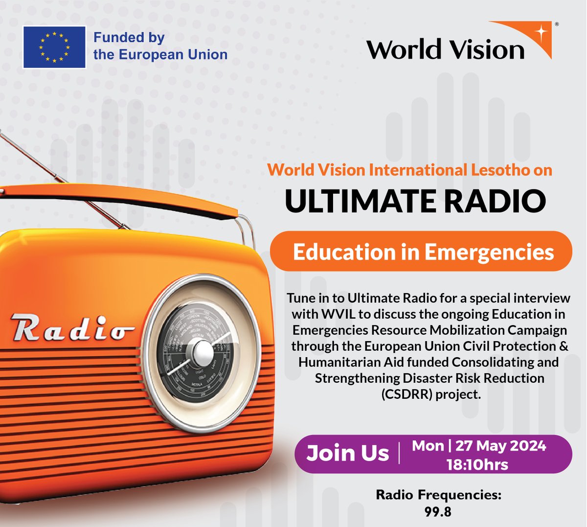 📷 Tune in to Ultimate Radio for a special interview with WVIL! 📷 We'll be discussing the ongoing Education in Emergencies Resource Mobilization Campaign, through the EU Civil Protection & Humanitarian Aid funded CSDRR project. @EUinLesotho