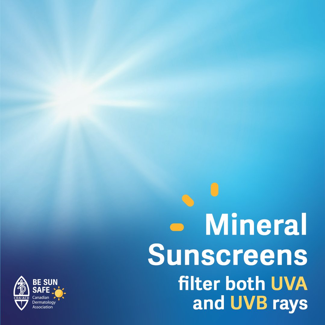 Did you know that mineral sunscreens filter both UVA and UVB rays to help protect against skin damage? Check out our #LookForTheLogo program for mineral sunscreen products: dermatology.ca/recognized-pro…

#SunAwarenessMonth2024 #BeSunSafe #UVProtection   #NationalSunscreenDay