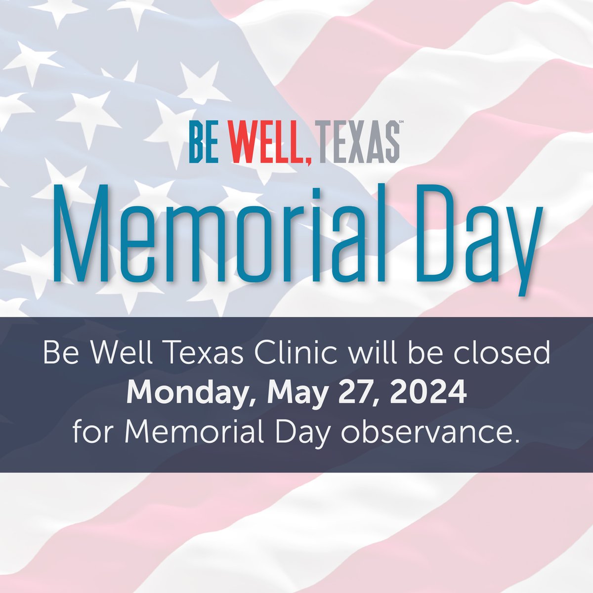 Today, we honor those who made the ultimate sacrifice for our country. In honor of Memorial Day, #BeWellTexas Clinic will be closed on May 27, 2024 as we pay tribute to their sacrifice.❤️🤍💙 If you are in need of assistance, live support is available by calling 888-85-BeWell.