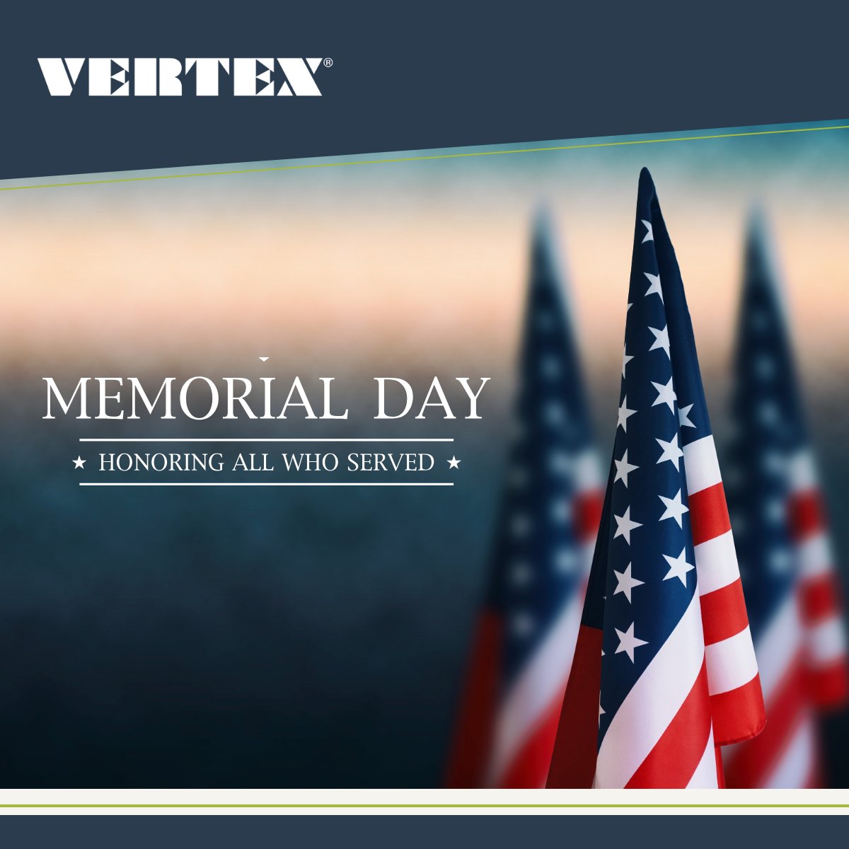 This Memorial Day, VERTEX honors those who sacrificed for our freedom. As we gather, let's thank our heroes. At VERTEX, we're privileged to serve our clients and communities, inspired by their values.
#MemorialDay #HonoringHeroes #Gratitude #Community #VertexEng