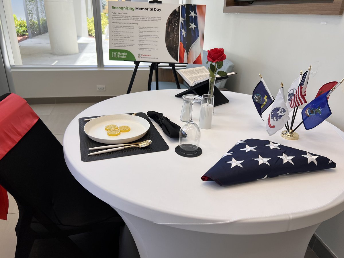 To honor fallen service members, our Veterans Business Resource Group set up Fallen Hero Table displays at our entities including Lynn Cancer Institute at Boca Raton Regional Hospital. We wish health and peace to you and your loved ones today. 🇺🇸#MemorialDayWeekend2024