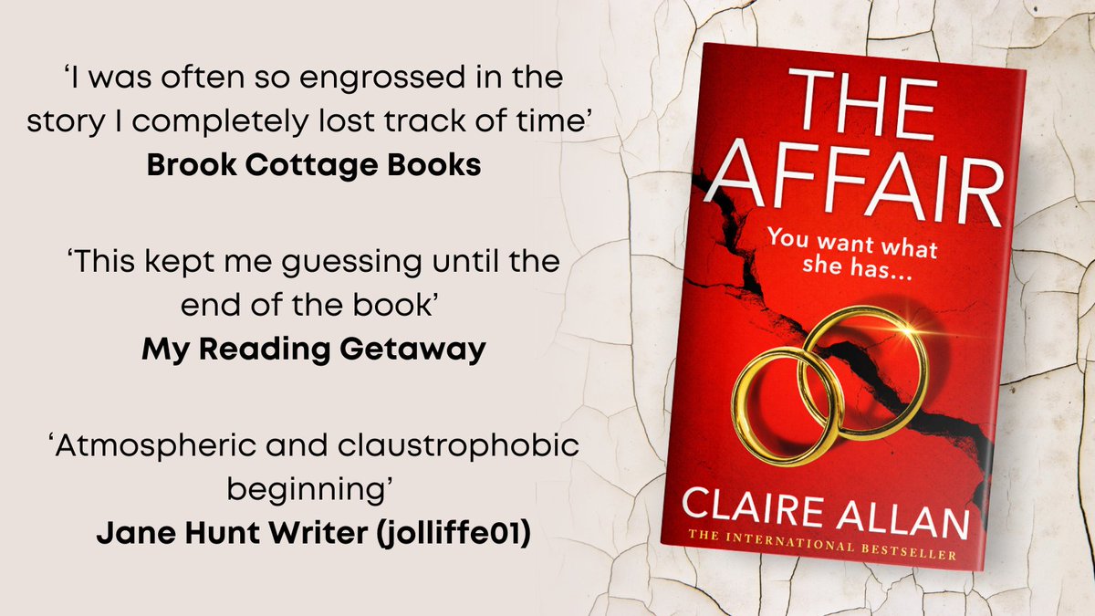 Thank you to @BrookCottageBks, @Jolliffe03 and My Reading Getaway for their recent reviews on #TheAffair by @ClaireAllan #blogtour. Pick up a copy today ➡️ mybook.to/theaffairsocial