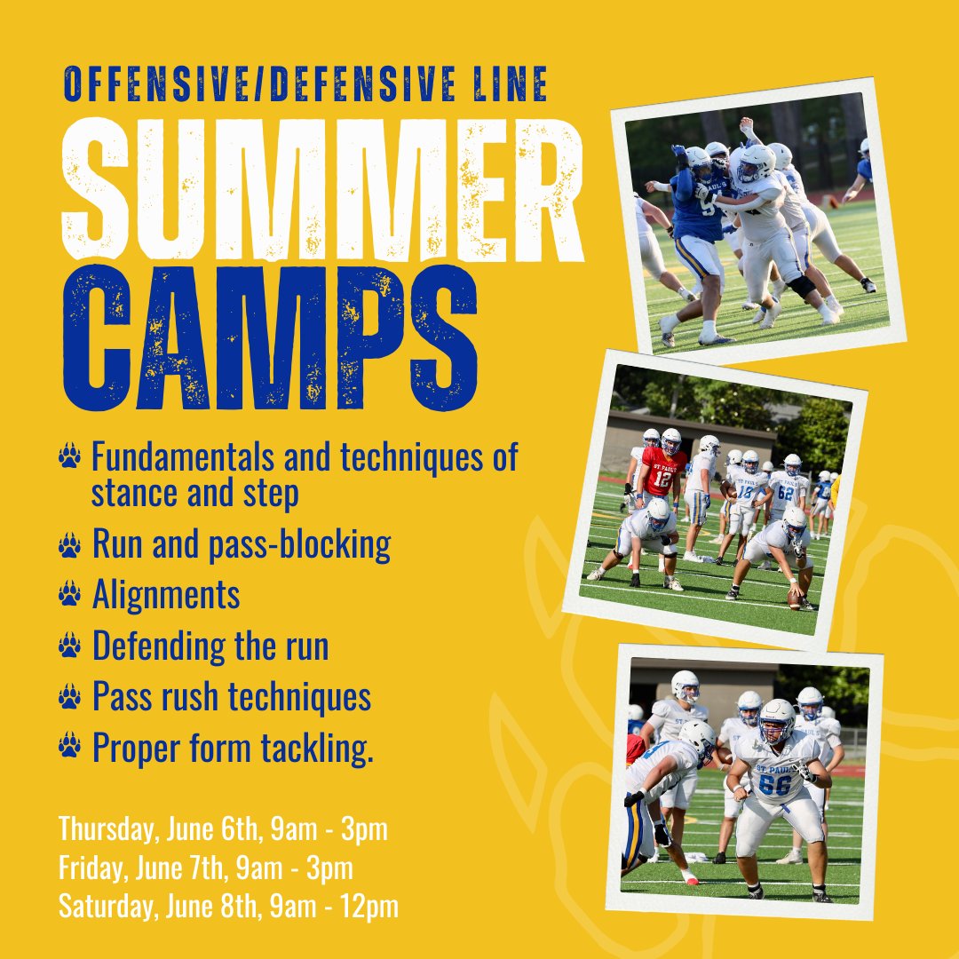 OL/DL Summer Camp June 6-8
Learn stance & step, run & pass blocking, alignments, defending the run, pass rush techniques, & proper form tackling. No experience needed.
Helmets required (rentals available). Lunch/snacks for purchase.

Details & register: bit.ly/saintpauls2024…