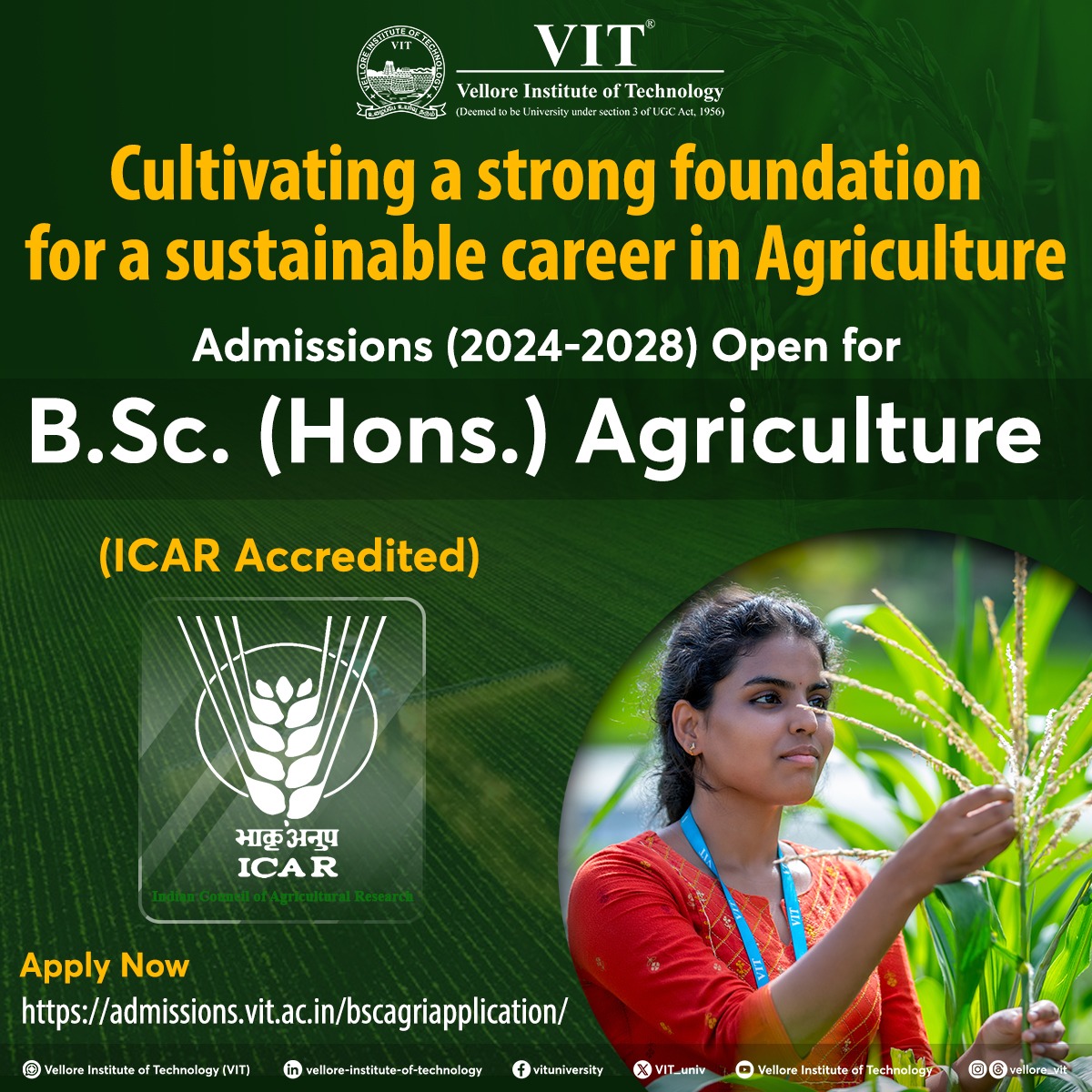 VIT_univ's tweet photo. Every day is an opportunity to grow a little more in the knowledge of innovative agricultural practices by choosing #BSc (Hons.) #Agriculture @ #VIT

Apply @ https://t.co/Tll8tSpevn

#VIT #BScHons #BScHonsAgri #BScAgri #BScAgriculture #Agri #Admissions2024 #VITAdmissions2024 https://t.co/Ty6VkdflBo