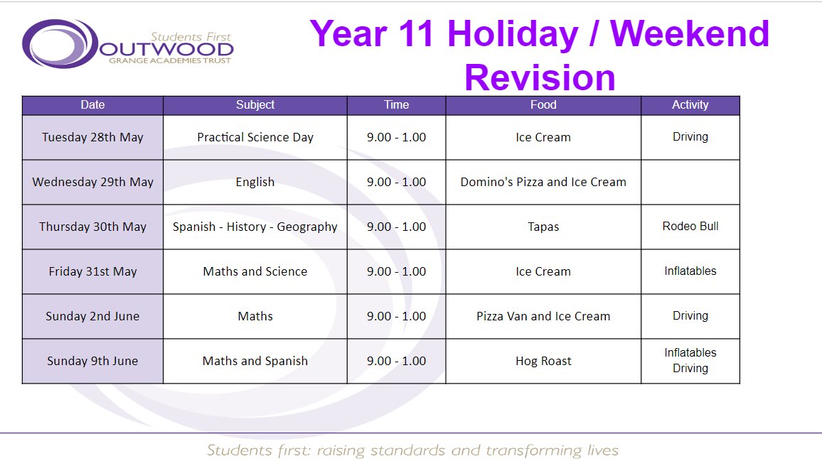 🚨Reminder for all Year 11's🚨 Tomorrow is the start of our holiday revision sessions. Please see the attached for more information on what's on each day.👇 Please encourage your child to attend to help support them in the last few weeks of the exams. #HolidayRevision #DoWell