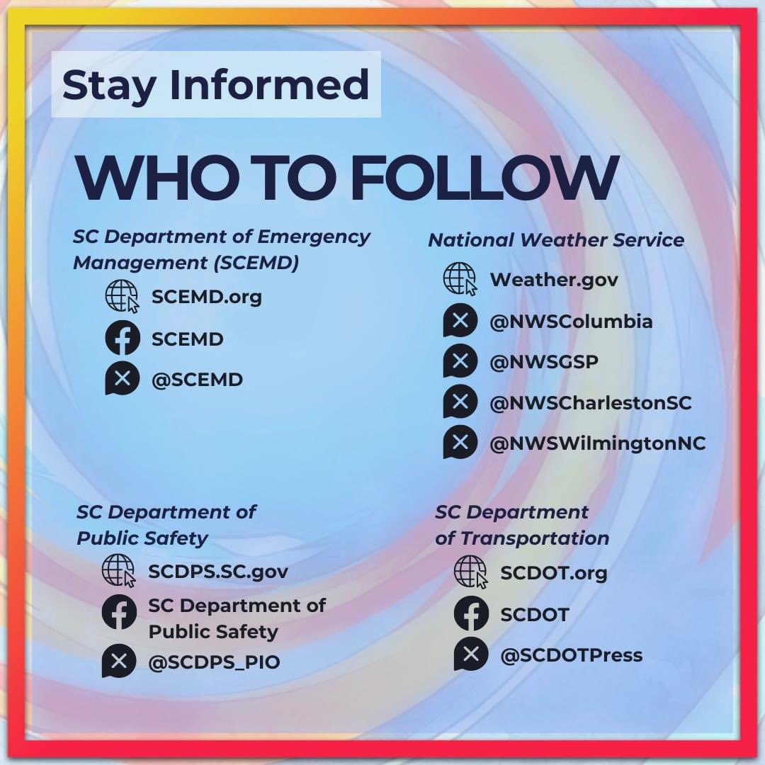 Preparation doesn’t just mean having a go-kit. Here’s a list of who you can follow for the latest weather updates, road conditions and more. @NWSColumbia @NWSGSP @NWSCharlestonSC @NWSWilmingtonNC @SCDPS_PIO @SCDOTPress #HurricanePrepMonth #SCTweets #scwx