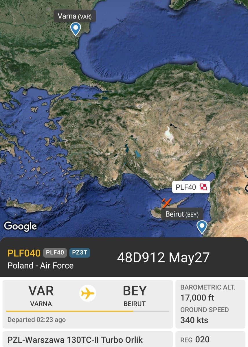 LebanonJets's tweet photo. Military +1: Spotted on the way a 2nd #Poland AirForce first timer (if hex #48D912 is correct) a 2 seater trainer PZL Okecie PZL-130 Orlik #020 also on the way from #Varna to #Beirut as #PLF040 https://t.co/y1Qagx4yNR