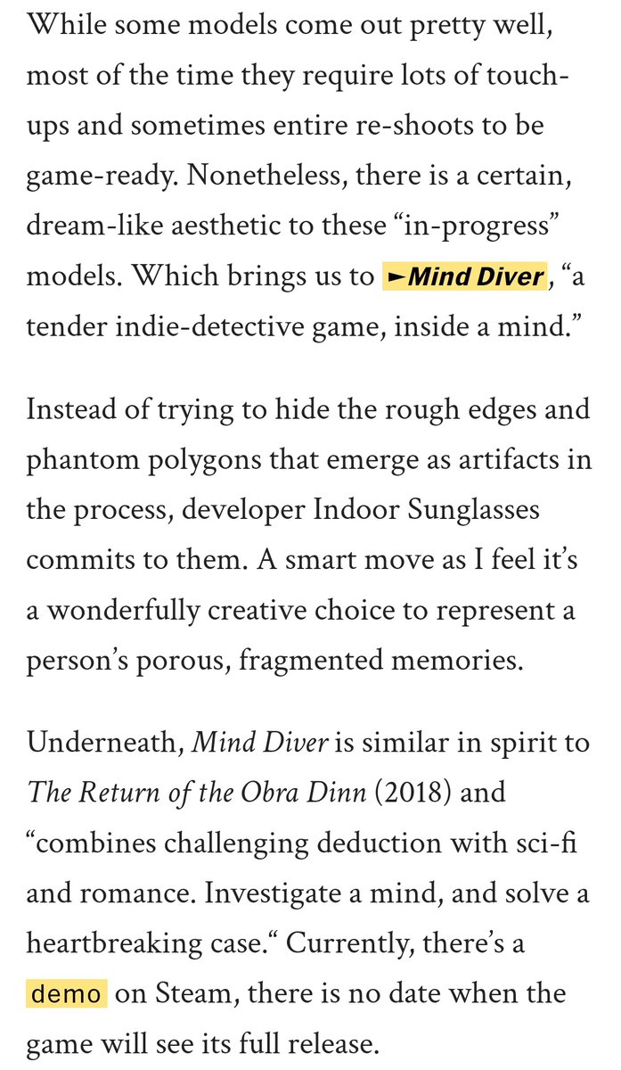 A lovely mention of Mind Diver and photogrammetry here 😍

Read the full newsletter, it's got a brilliant selection of extremely interesting games to recommend.