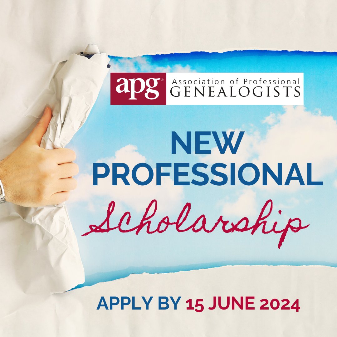 Do you know a new genealogy professional with a bright future? Tell them about the APG New Professional Scholarship, supporting a new professional with five years or less experience in the field. For more info, visit apgen.org/cpages/awards-…. Deadline to apply is 15 June 2024.