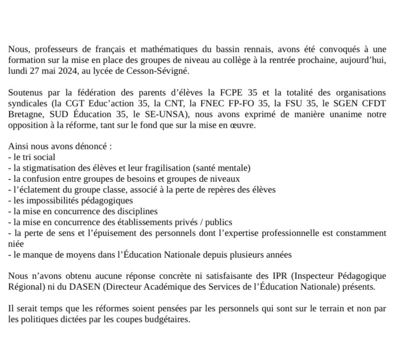 Communiqué des profs de maths et français convoqués pour la mise en œuvre de la réforme du choc des savoirs. L’opposition est totale. Nous continuons à nous battre contre la stigmatisation sociale et scolaire !!! #contrelechocdessavoirs #nonautridesélèves @CollectifEduc35