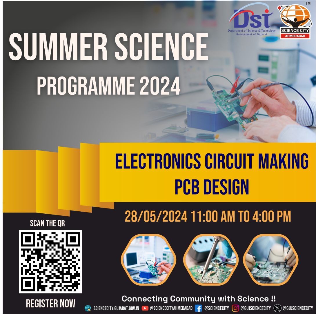 GujScienceCity's tweet image. Embark on a thrilling journey into the world of circuits at our &apos;Electronics Circuit Making: PCB design&apos; workshop! Watch as your child&apos;s curiosity comes alive through hands-on exploration and experimentation.  #summerscienceprogram  #chalosciencecity @indiadst @dstgujarat…