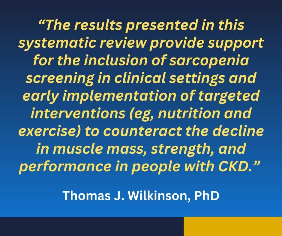 #Sarcopenia screening and early #interventions in #nutrition and #exercise are crucial for patients with #CKD to preserve muscle health. 

Dive into findings by Thomas J. Wilkinson, PhD,  @uniofleicester published in @JCSM_cachexia in our feature here: buff.ly/3WSfytE