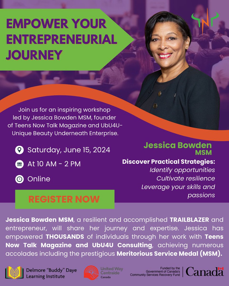 Ready to take your entrepreneurial dreams to the next level? Join us for an exclusive workshop led by Jessica Bowden MSM, founder of Teens Now Talk Magazine and UbU4U. In this dynamic session, you'll discover practical strategies to navigate your personal and social