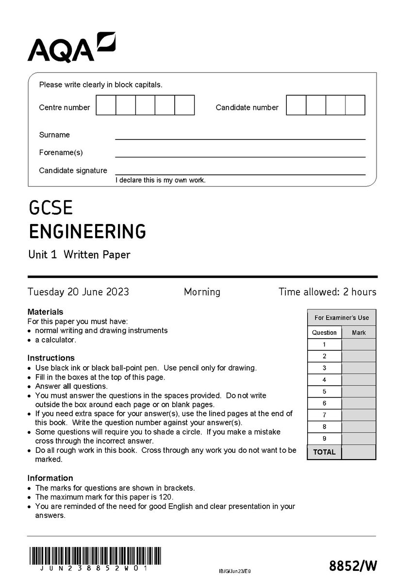 Antonina338759's tweet photo. https://t.co/1h39qsMOHz
2023 AQA GCSE ENGINEERING QUESTION PAPER 1
#fliwy #AQAGCSE #8852/W #8852 #aqagcseengineeringpaper1 #aqaengineering #gcseengineering #engineering2023 #engineering https://t.co/5kC8qOOV0w