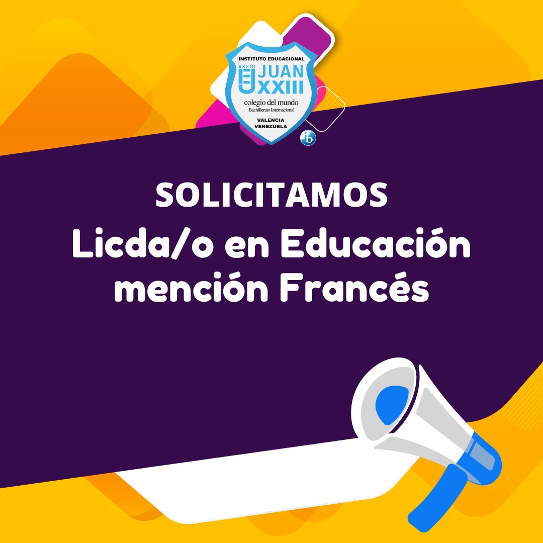 🔹Experiencia comprobada en niveles de 4to y 5to año de Bachillerato.
🔹Referencias de trabajo y personales.
🔹Resumen curricular (1 página).
🔹Adjuntar archivo con copia del título.

Envía CV a recursoshumanos@juanxxiii.e12.ve

#SomosJuanXXIII