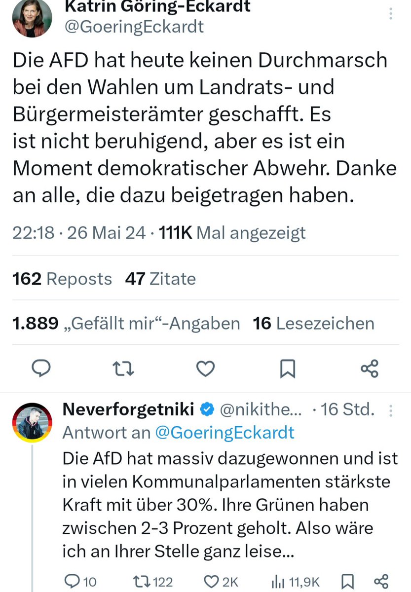 Ich unterbreche das Programm für eine wichtige Sondermeldung. Katrin Göring-Eckardt wurde gerade von euch like-technisch erfolgreich zerlegt! 😂👍