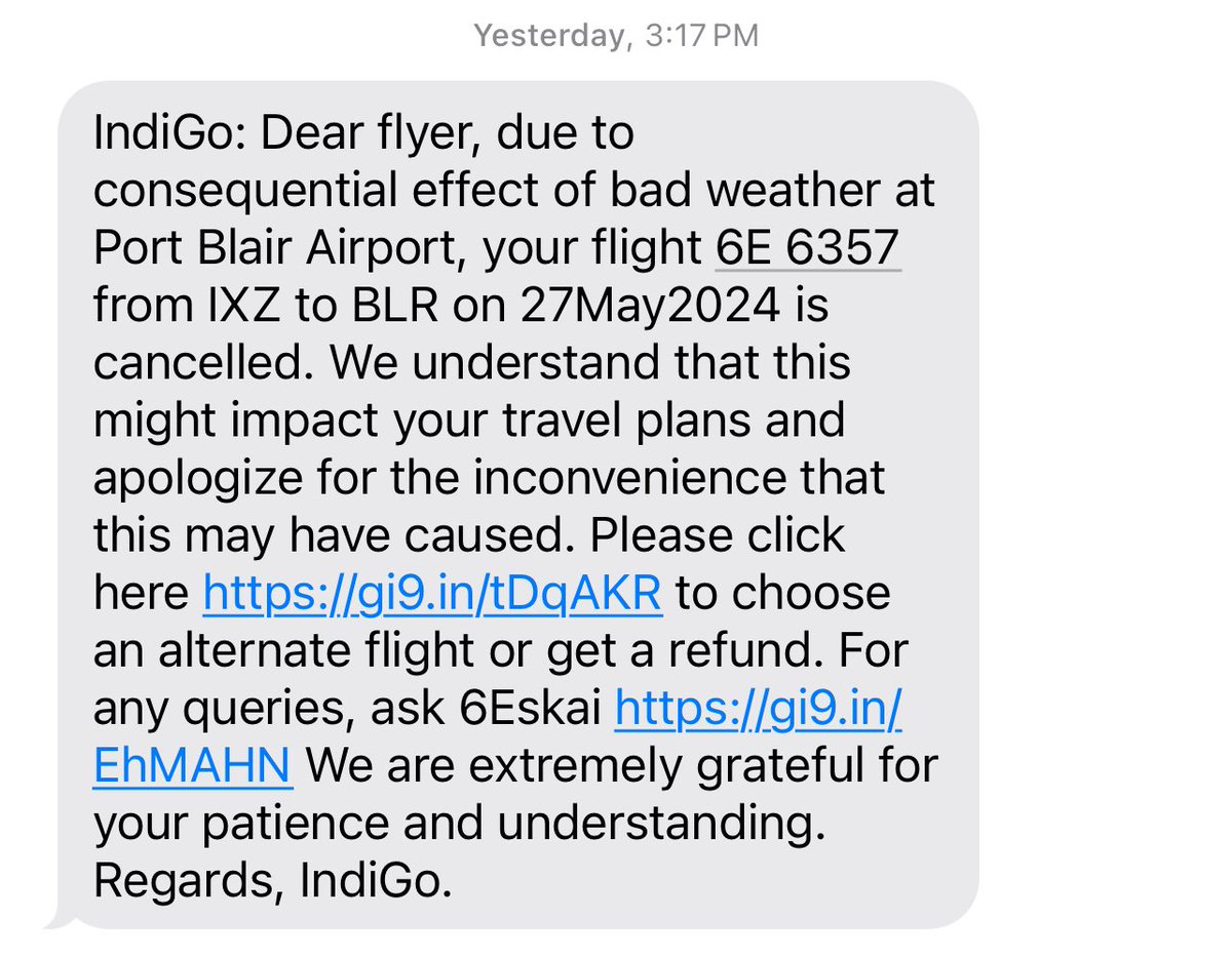 kschan43's tweet photo. @IndiGo6E Flight 6E 6357 IXZ to BLR scheduled for 14:35 today was cancelled citing bad weather conditions. But 6E 3140 flew IXZ to BLR at 14:40 today leaving all the 6E 6357 passengers (180+) stranded in Port Blair. 

What’s your excuse??? (1/2) https://t.co/nhrWM4V21j