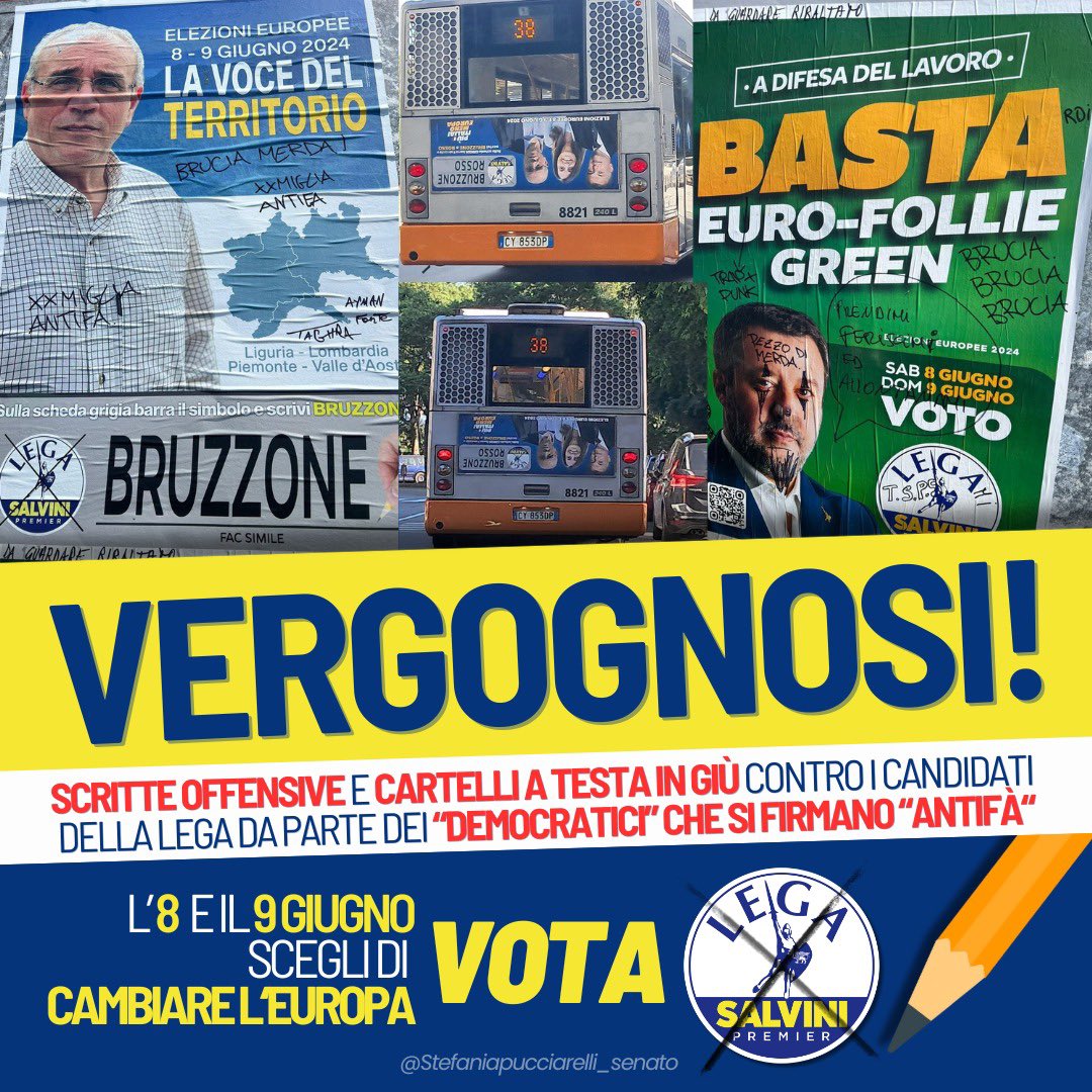 Mi auguro che vengano rintracciati al più presto i responsabili di questi atti vergognosi. Complimenti ai soliti “democratici”, ma di certo non ci facciamo intimidire da loro e andiamo avanti con ancora più forza! Fai la scelta giusta, l’8 e 9 giugno scegli #Lega!