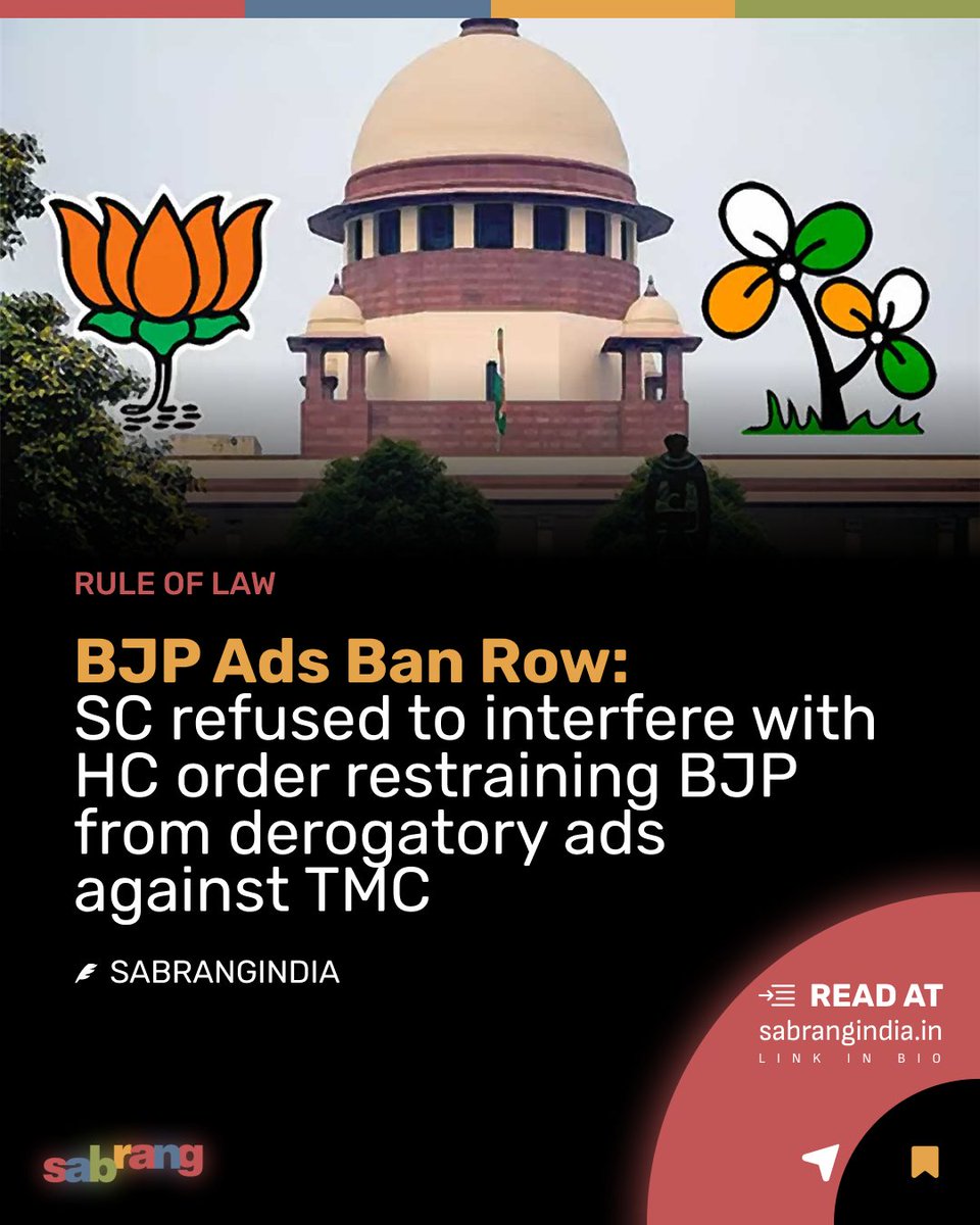 sabrangindia's tweet image. BJP Ads Ban Row: SC refused to interfere with HC order restraining BJP from derogatory ads against TMC 

#BJP #TMC #SCOrder #HighCourt #PoliticalAds #ElectionCampaign 

sabrangindia.in/bjp-ads-ban-ro…