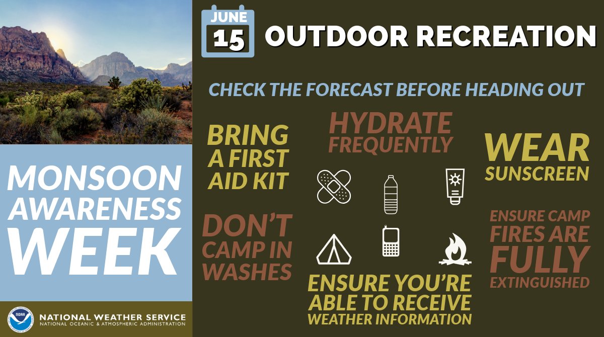 NWSVegas's tweet image. Today is the last day of Monsoon Awareness Week! Today's topic is Outdoor Recreation Hazards, with so many natural wonders in our region, it's important to stay weather aware during the heat and summer storm season! #nvwx #azwx #cawx
