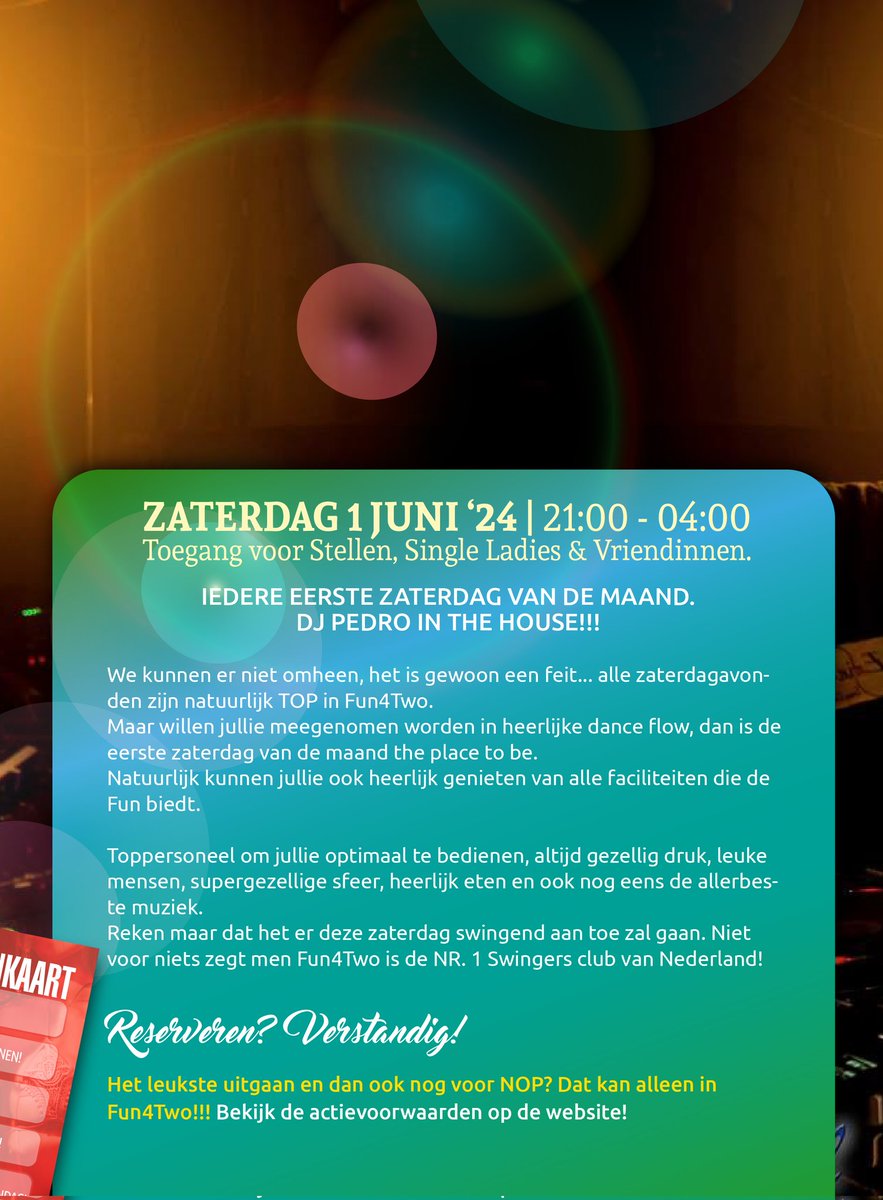 clubfun4two's tweet photo. Ons nieuwe weekend programma staat online op https://t.co/jRrn8J3zQP
Team Fun4Two
#parenclub #swingersclub #programma #tickets #Fun4Two #weekend #party #singleladies #couples #zondag #zaterdag #vrijdag #swingerssunday #hardcorenight #porn #kinky https://t.co/EBz0fsPzGv