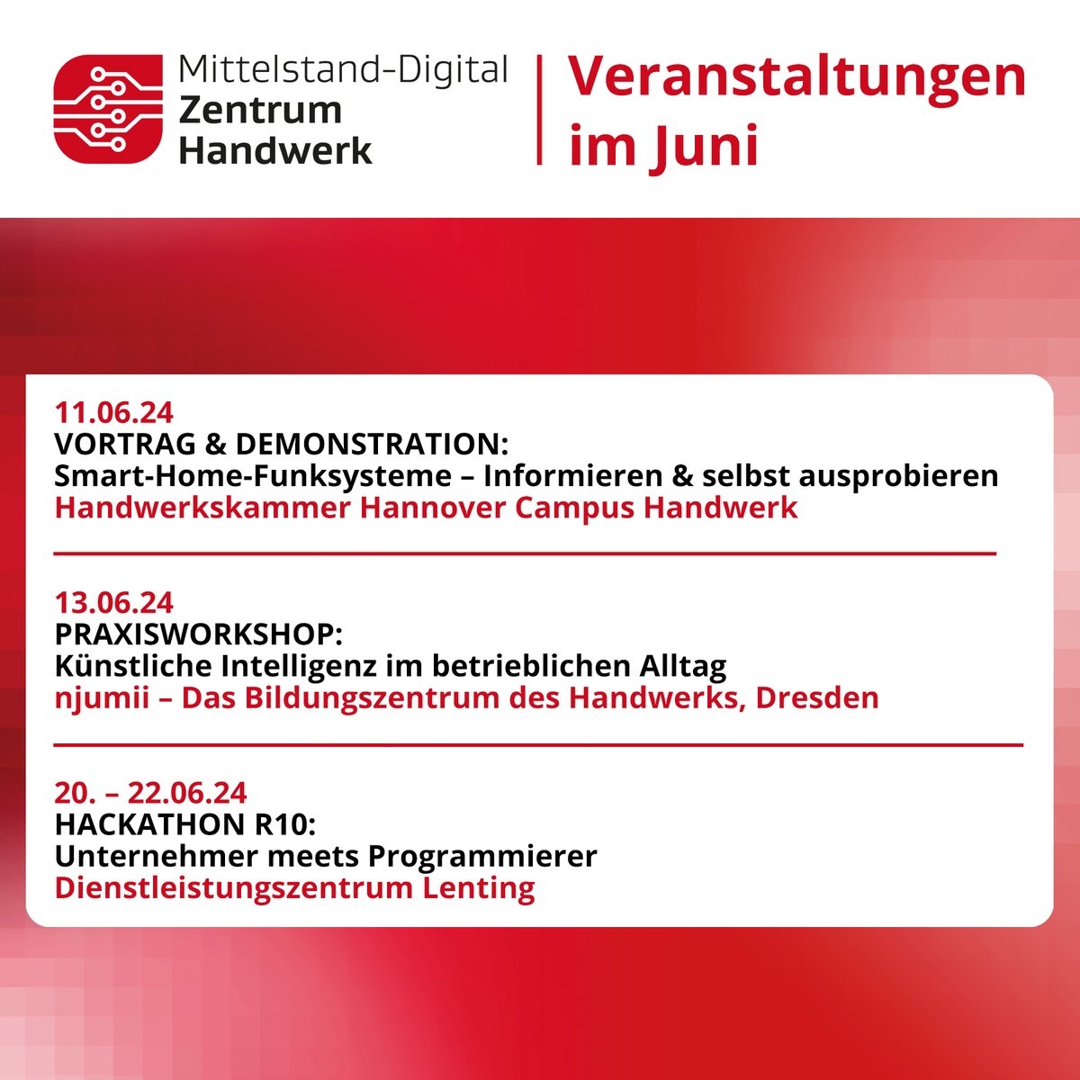 Die neuen #Veranstaltungen des Mittelstand-Digital Zentrums Handwerk im #Juni, diesmal in Hannover, Dresden und Lenting: handwerkdigital.de/Veranstaltungen