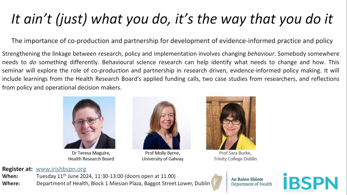 This seminar will explore the role of co-production and partnership in evidence-informed policy making. Open to anyone interested in evidence based policy or planning to develop applications for HRB Applied Partnership Awards. Read more and register: tinyurl.com/574be63r