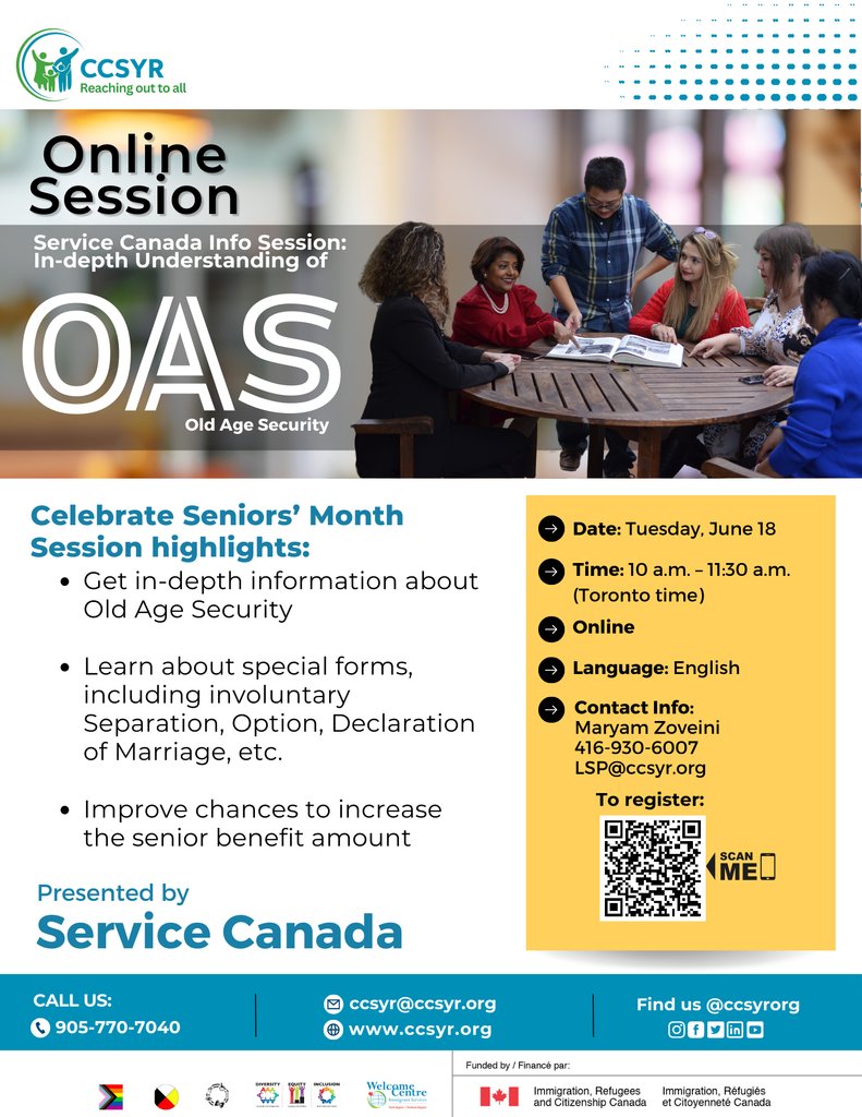 Join our online session on June 18 to get an in-depth understanding of #OldAgeSecurity. Improve chances to increase your senior benefit amount. Contact LSP@ccsyr.org to register today. #SeniorBenefits #RetirementPlannin #FinancialWellness #CCSYR