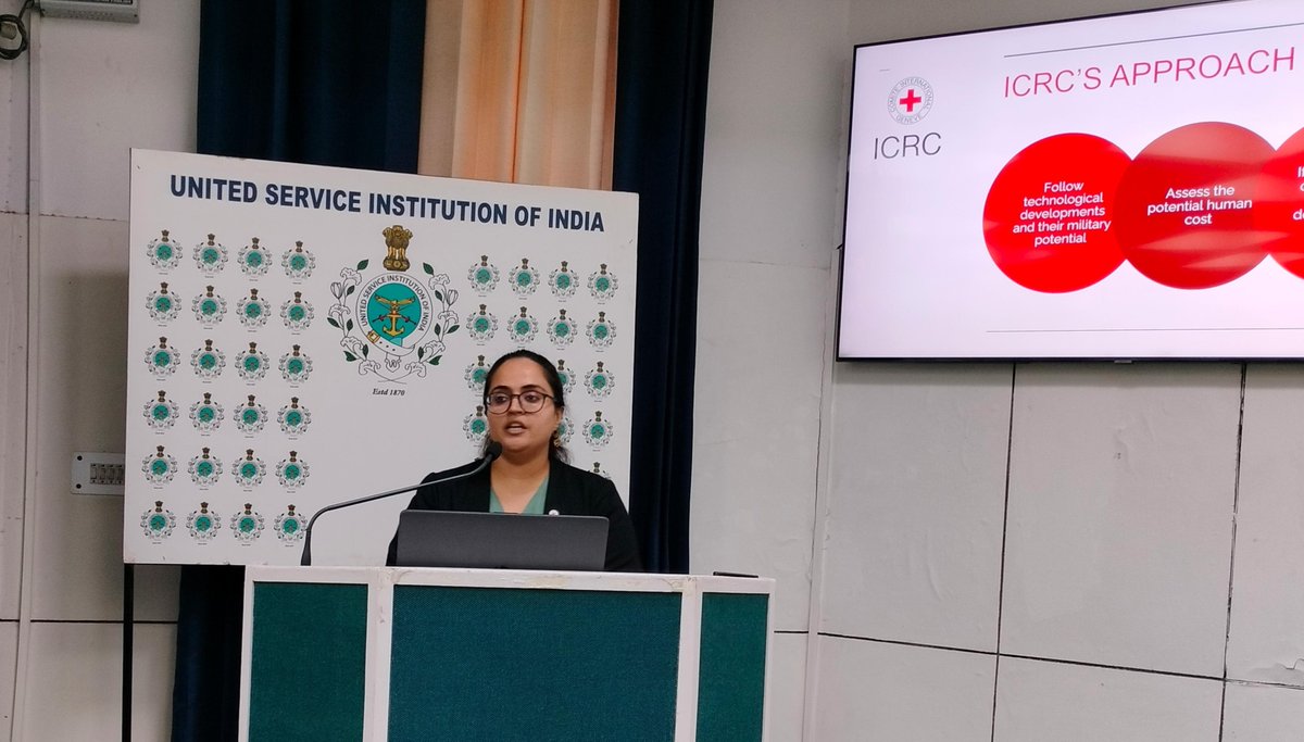 Ms @gunjanchawla08  tackles the challenges in applying #IHL & harnessing modern tech for civilian protection. Exploring #AI, #AutonomousWeapons, & #CyberOperations, she emphasizes the @ICRC's proactive approach.