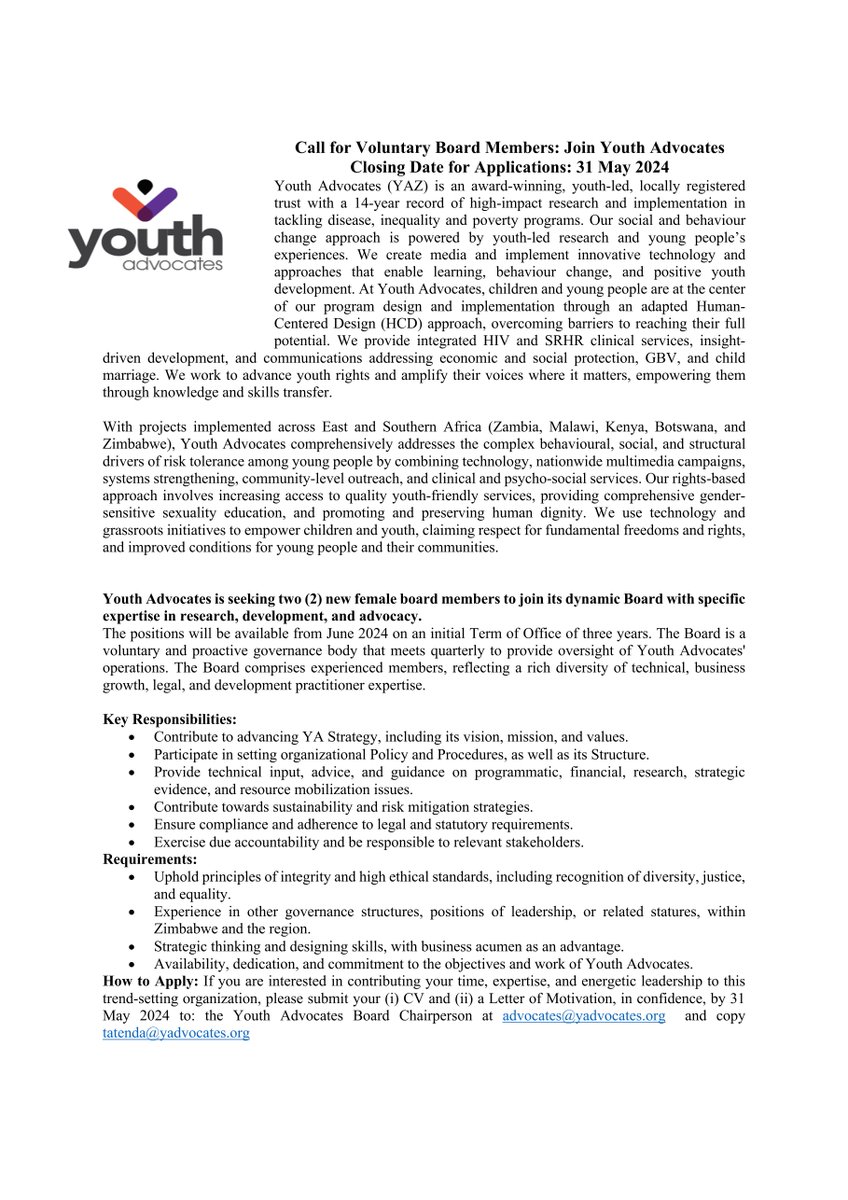 📢 APPLY NOW | Seeking two Voluntary Board Members for Youth Advocates Zimbabwe. Don't miss this opportunity to make a difference! Applications close on 31 May 2024. #YouthAdvocatesZimbabwe #BoardMembers