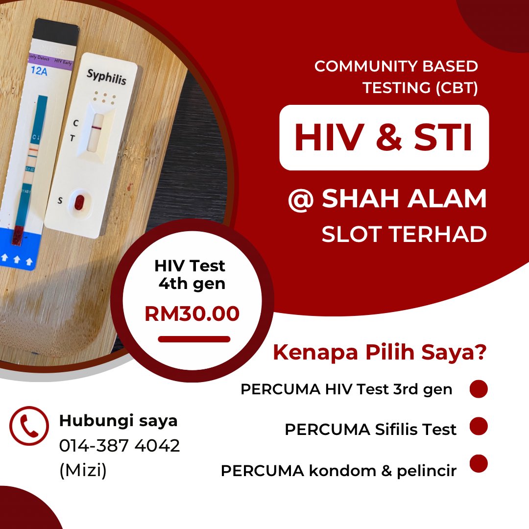 Hi semua 🙋🏻‍♂️

Rabu ni (29 Mei), PKK Mizi akan buka slot ujian HIV & Sifilis secara percuma di Seksyen 7 & 13 Shah Alam.

Korang yang berminat nak tahu status HIV & Sifilis boleh rojer terus wasap.my/60143874042 untuk book slot.

#myKLASSorg
#KnowYourStatus
#KetahuiStatusAnda