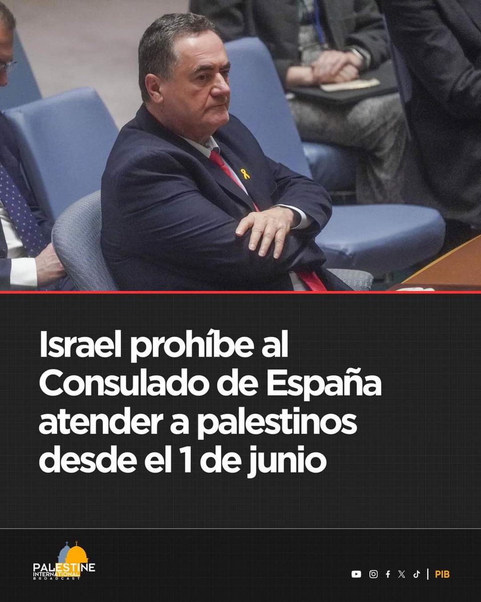 El Min. de Exteriores de 🇮🇱 ha ordenado al Consulado de 🇪🇦en Jerusalén dejar de prestar servicios consulares a los palestinos en Cisjordania ocupada a partir del 1 de junio. Se formalizó esta prohibición en represalia por el reconocimiento de España del Estado 🇵🇸 #PalestinaLibre
