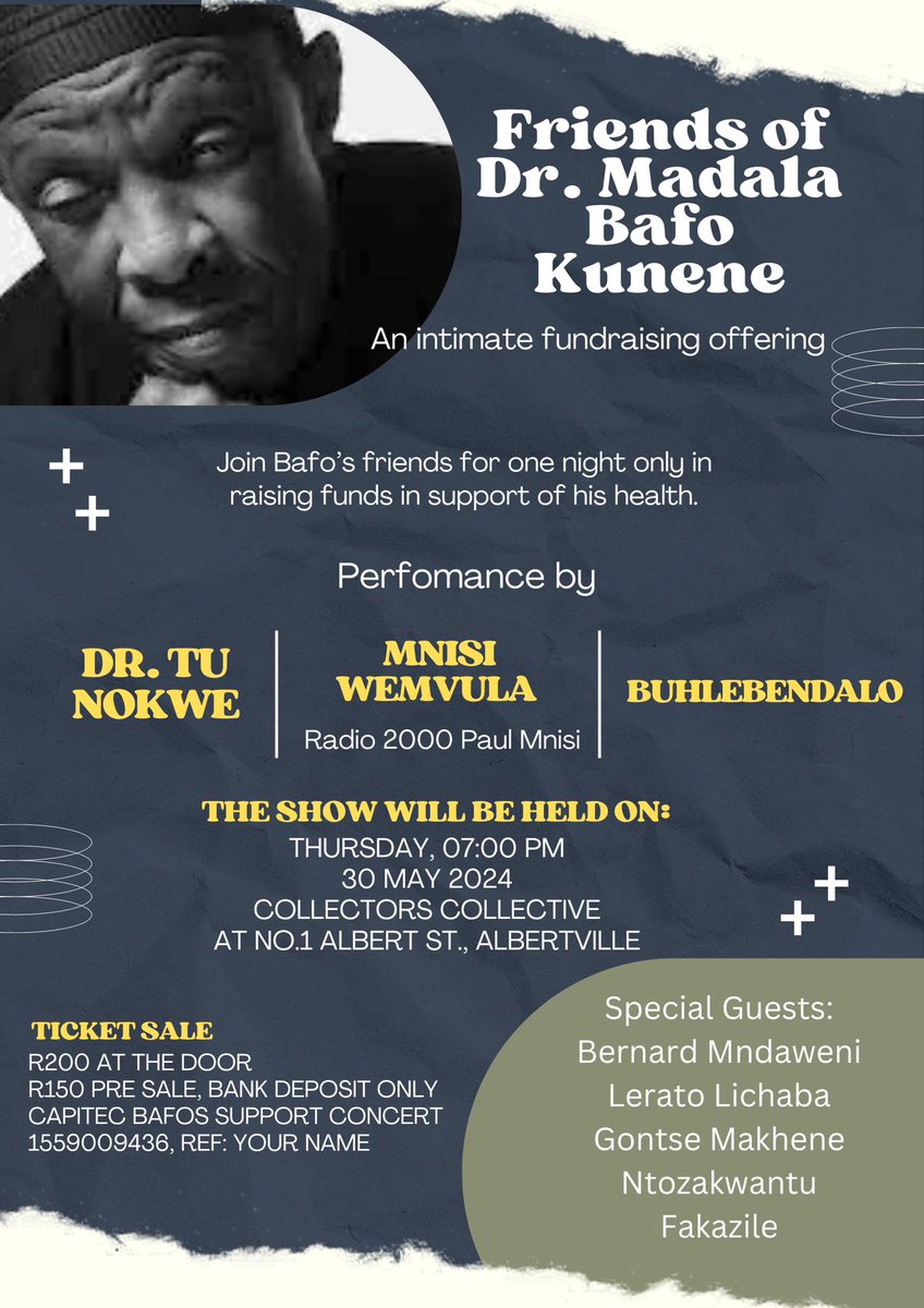 Dr Tu Nokwe honours Dr Madala Kunene in this fundraising event dedicated to the king of Zulu guitar. The spirit of Ubuntu and kindness that artists in the line up are showing is beyond par… join them as they fundraise for their unwell legend. See poster for details.