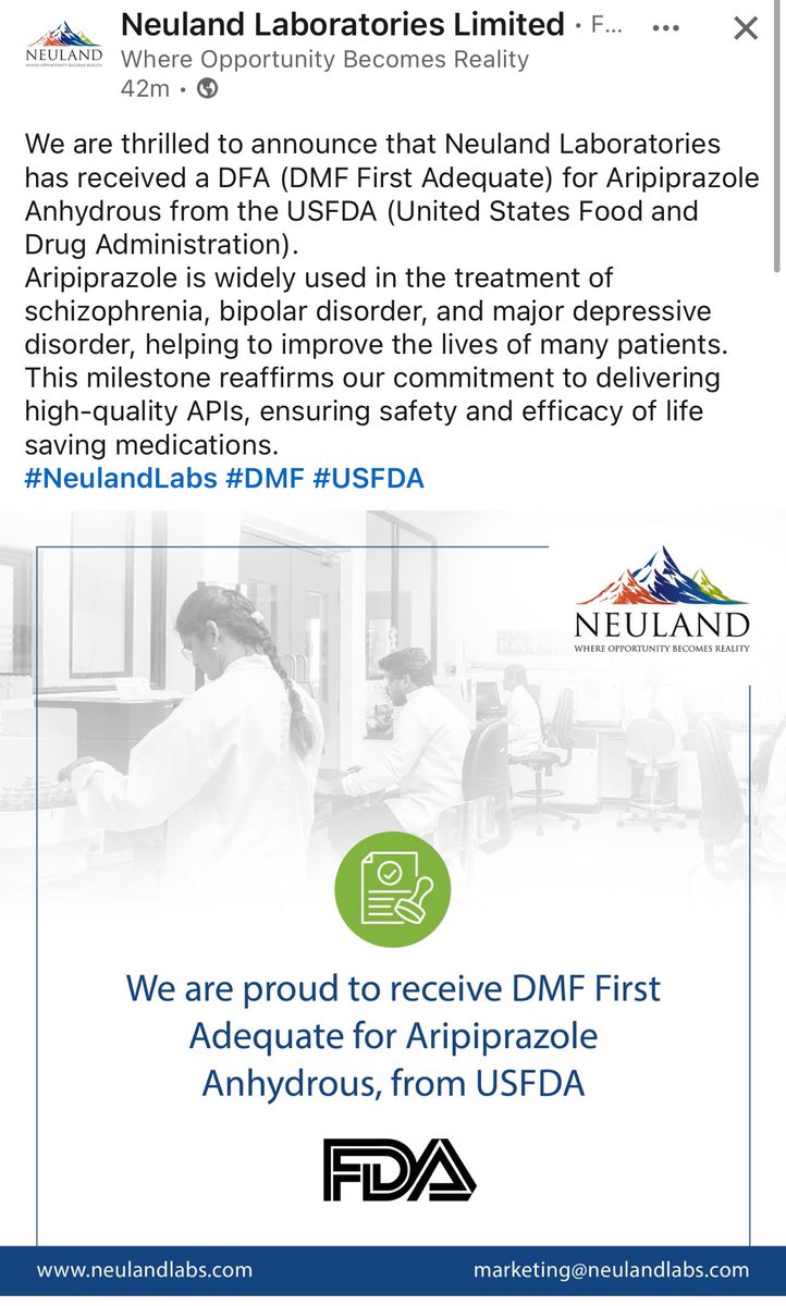 Neuland Labs - gets USFDA approval for Aripiprazole Anhydrous which is widely used in the treatment of schizophrenia, bipolar disorder, and major depressive disorder. 

#Neuland #NeulandLab