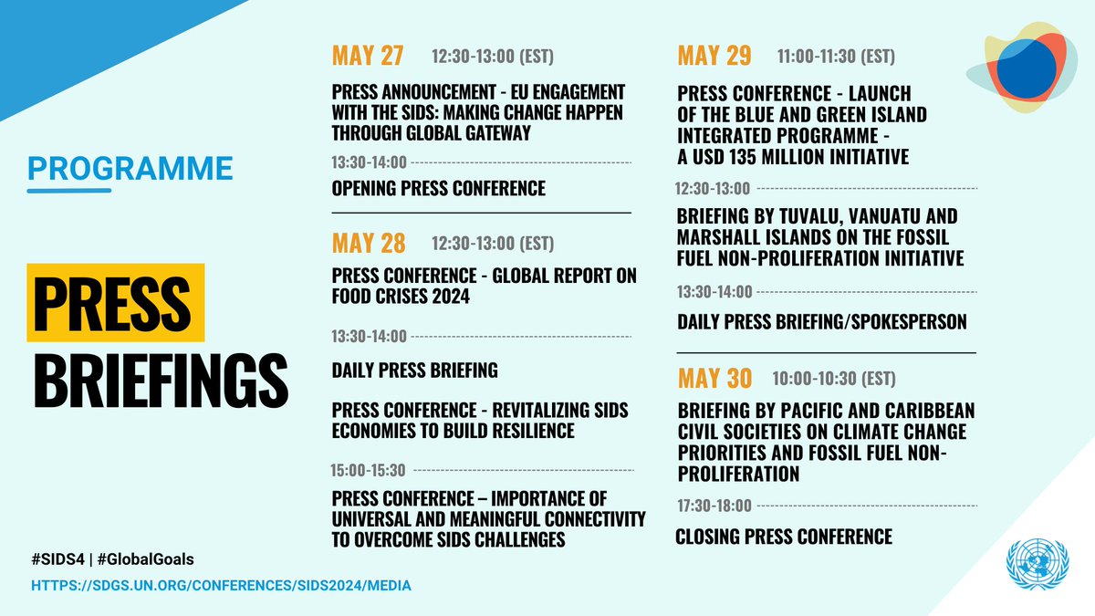 Covering all the action at the #SIDS4 conference? We have made it easy for you - check out the press briefing schedule here: sdgs.un.org/conferences/si…