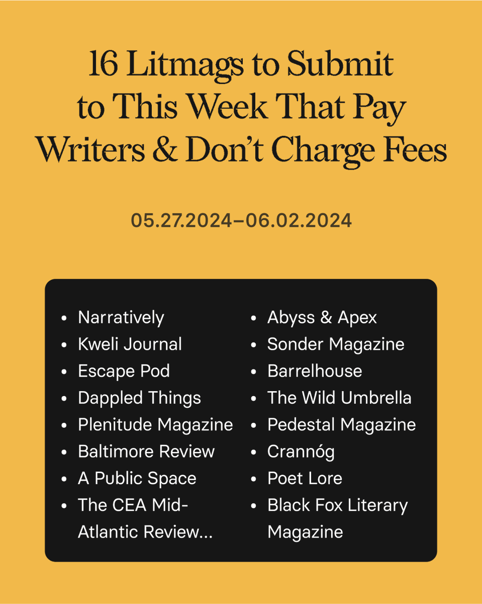 chillsubs's tweet photo. HELL YEAH. good on these mags. Find their submission details aannddd....

- 66 Lit mags with approaching deadlines 
- 5 Themed Calls
- 5 Contests That Probably Won’t Scam You

↓ In Today's "Where to submit this week" 
https://t.co/6u17oVOOxB https://t.co/UfvKJ5FrqL
