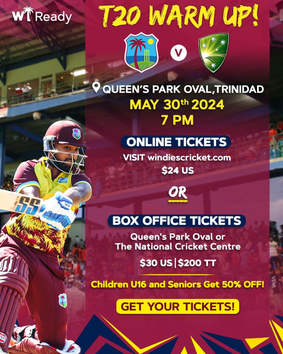 Get your tickets for the T20 Warm Up match between West Indies and Australia at the Queen's Park Oval 🇹🇹! Tickets available at⬇️ tickets.t20worldcup.com 📲 Thurs May 30th @ 7pm. Don't miss it!! 🔥 #WIREADY #T20WorldCup