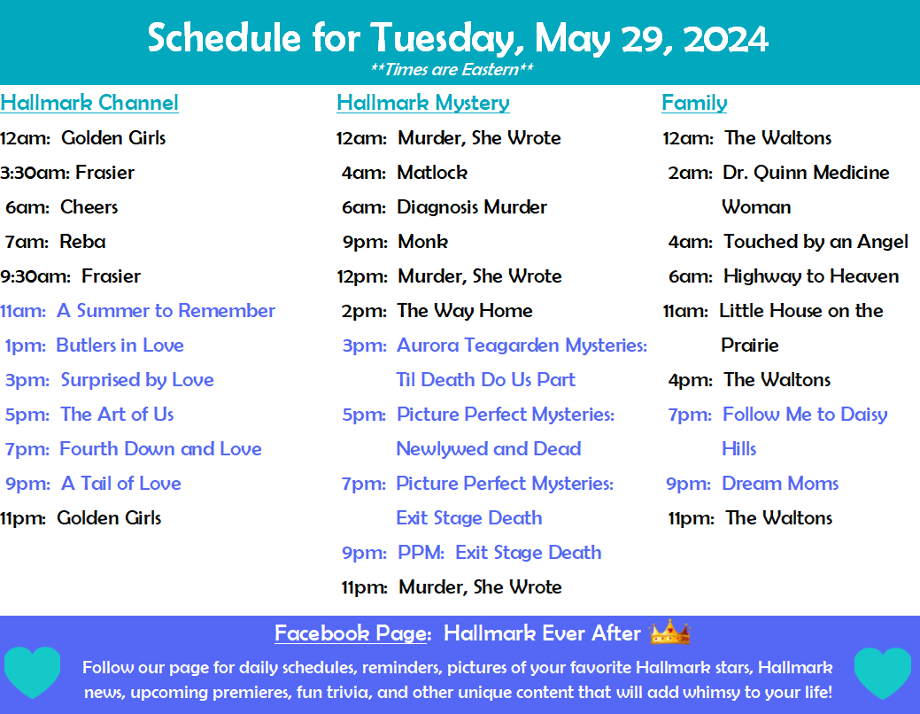 Here is your Tuesday, 5/28, schedule for #HallmarkChannel, #HallmarkMystery, and #HallmarkFamily.

#HallmarkSchedule #HallmarkMovies #Sleuthers #Hallmarkies #romcoms