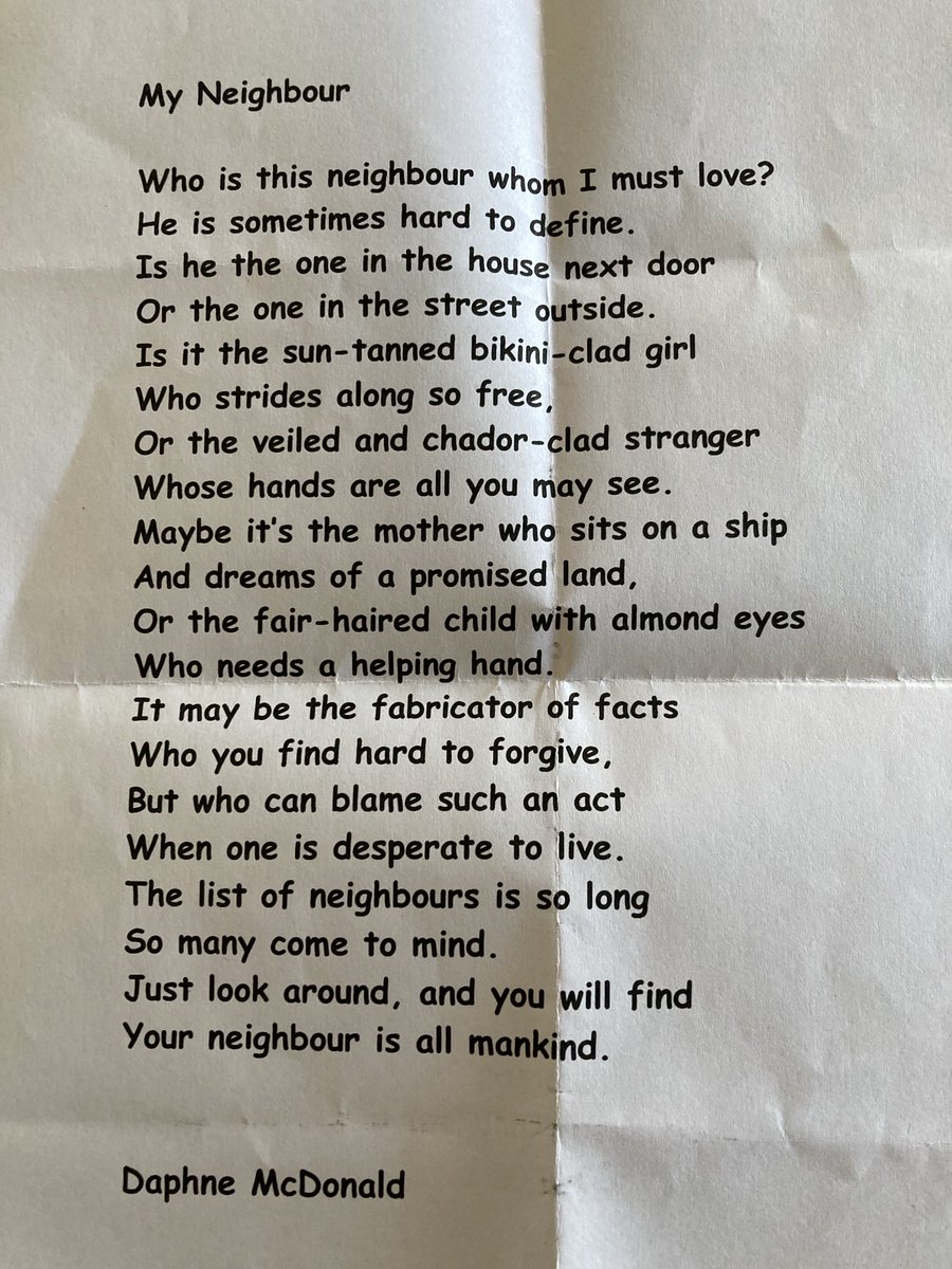 A poem by my mother who left us aged 98 in 2012. She was appalled at the time at the treatment of refugees and it has only got worse. Always vitally interested in Israel/Palestine she would be utterly horrified by Israeli govt. actions #LoveThyNeighbour #ceasefire #auspol