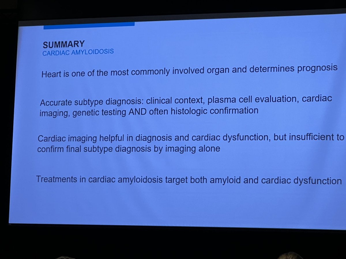 Masterful overview of #cardiac 🫀amyloid by Dr. Ian Chang 
🔑echo/ MRI helpful but can’t differentiate amyloid type 
🔑 MRI, ⬆️ native T1 and ⬆️ extracellular volume can suggest #amyloid
🔑Nuclear PYP 🚫 alone without monoclonal studies 
#ISA_2024 @ISA_Amyloidosis @MayoAmyloid