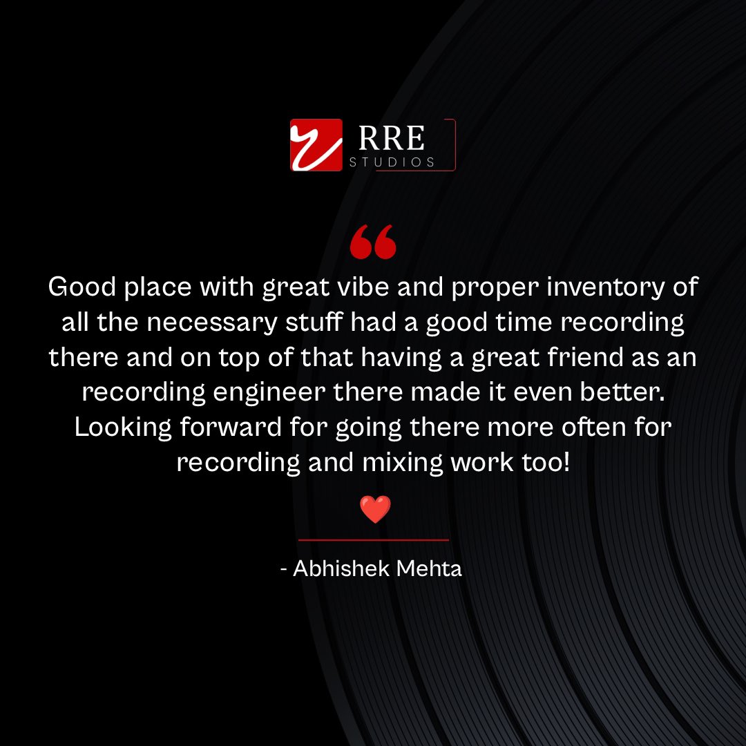 A testimonial is a testament to the hard work we as a team puts in for each client to make sure they get the best output. Thank you Abhishek for your kind words.
#testimonial #appreciationpost

#professionalstudio #levelup #exclusiveoffers #rrestudios #RREstudios #BeHeard