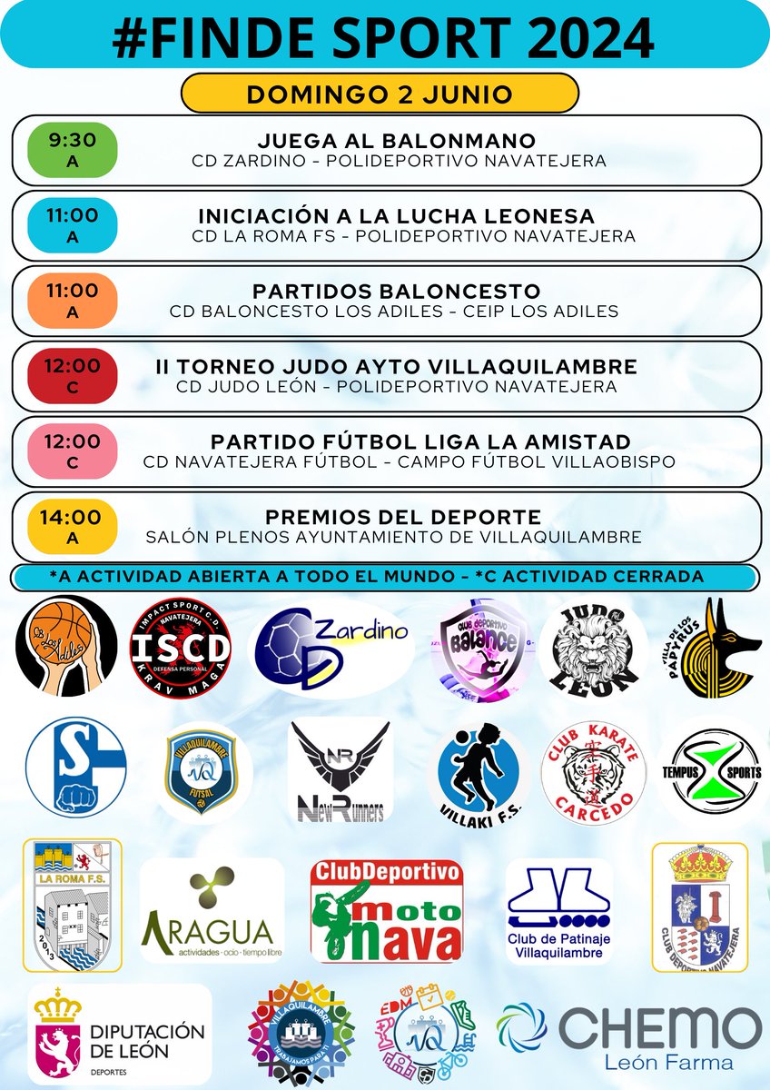 deportesvq's tweet photo. #FINDE SPORT 2024!!
Os  presentamos la planificación del #Finde Sport 2024 que se desarrollará  los días 1 y 2 de junio en Villaquilambre para  mostrar el trabajo realizado por nuestros clubes deportivos y  colaboradores
#deportesvq #dxtvq #villaquilambre #polideportivonavatejera https://t.co/R4fGtvDEzB