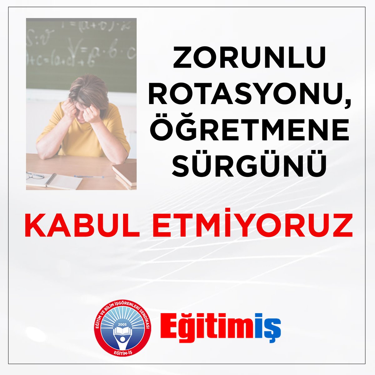 ZORUNLU ROTASYONU, ÖĞRETMENE SÜRGÜNÜ KABUL ETMİYORUZ!
egitimis.org.tr/guncel/sendika…
<a href="/tcmeb/">Millî Eğitim Bakanlığı</a> #ogretmen #zorunlu #rotasyon #surgun #KabulEtmiyoruz